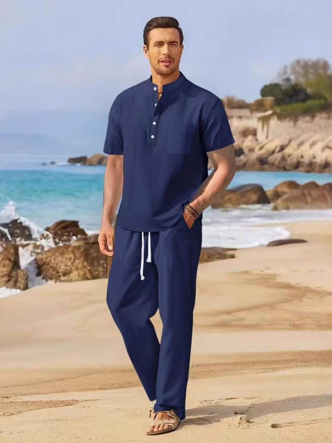 Men's Full Size Half Button Top and Drawstring Pants Set Plus Size - Smart Shopper