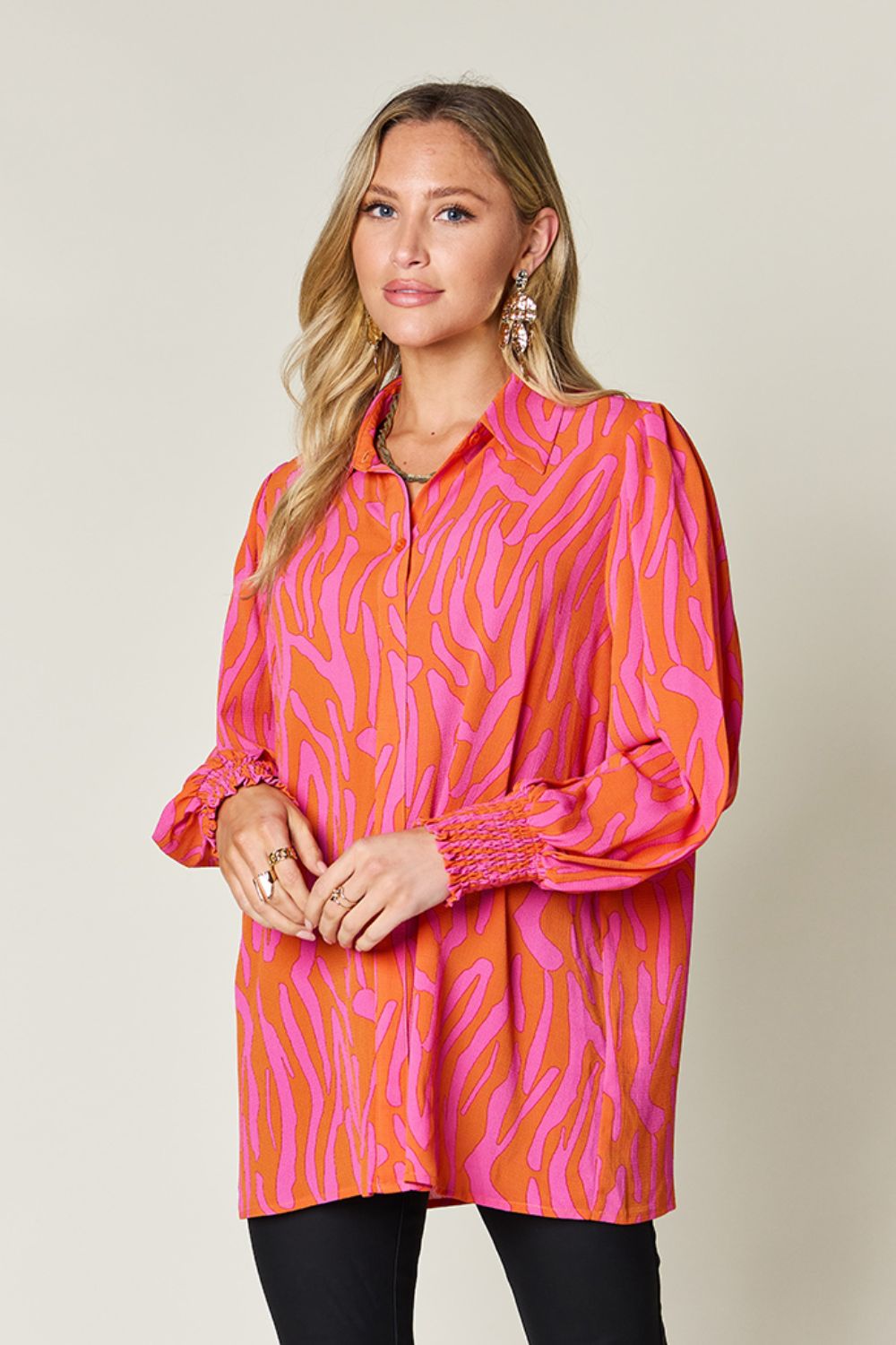 Double Take Full Size Printed Smocked Long Sleeve Blouse - Smart Shopper