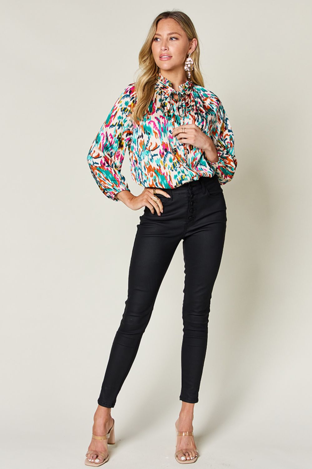 Double Take Full Size Printed Button Up Long Sleeve Shirt - Smart Shopper