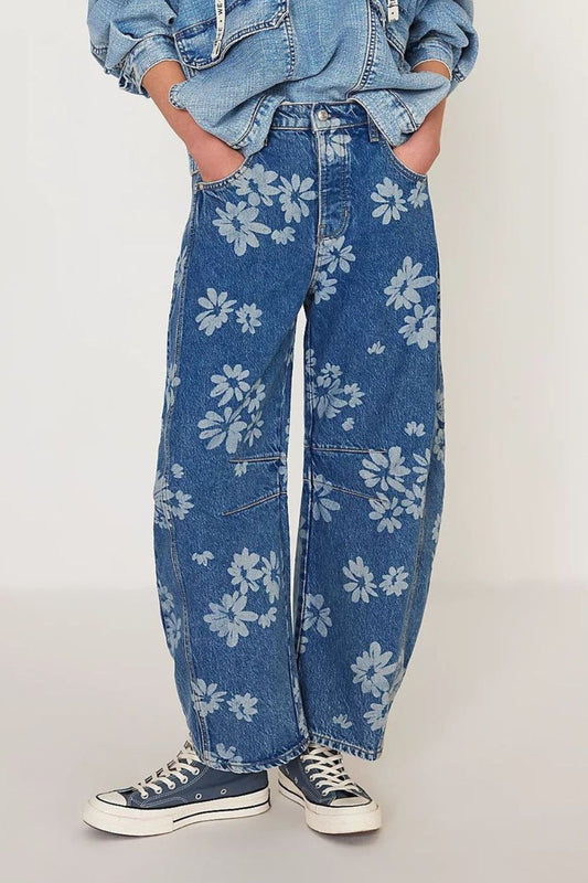 Flower Print Wide Leg Jeans - Smart Shopper