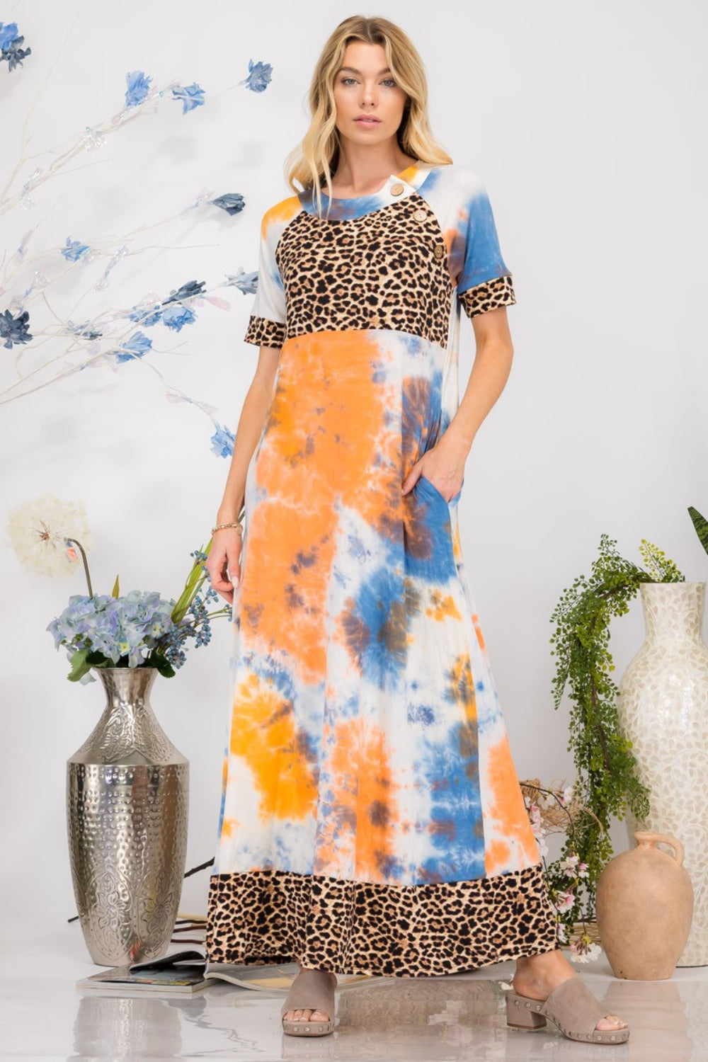 Celeste Full Size Leopard Tie-Dye Button Detail Short Sleeve Maxi Dress Plus Size - Smart Shopper