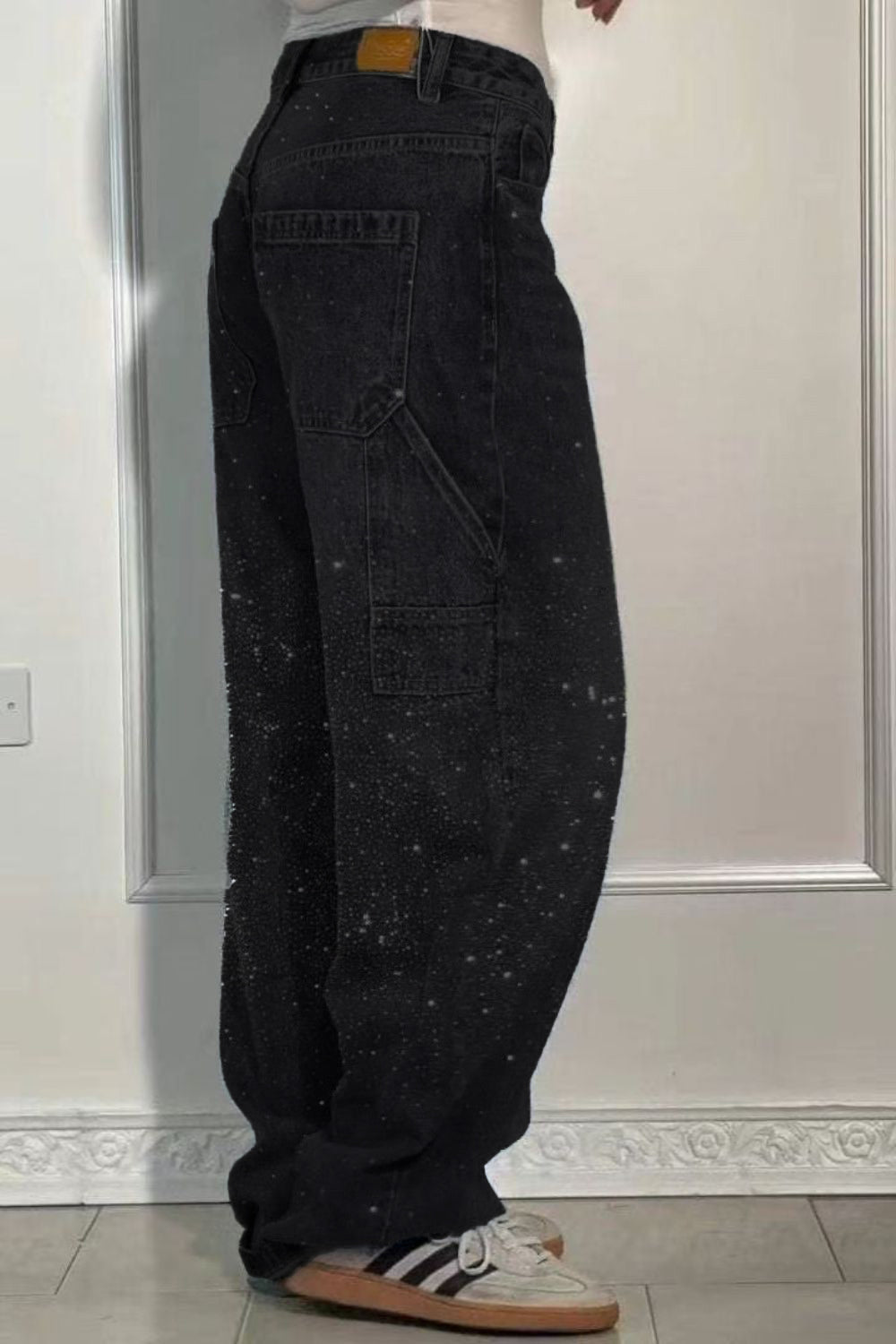 Full Size Washed Rhinestone Detail Wide leg Jeans Plus Size - Smart Shopper