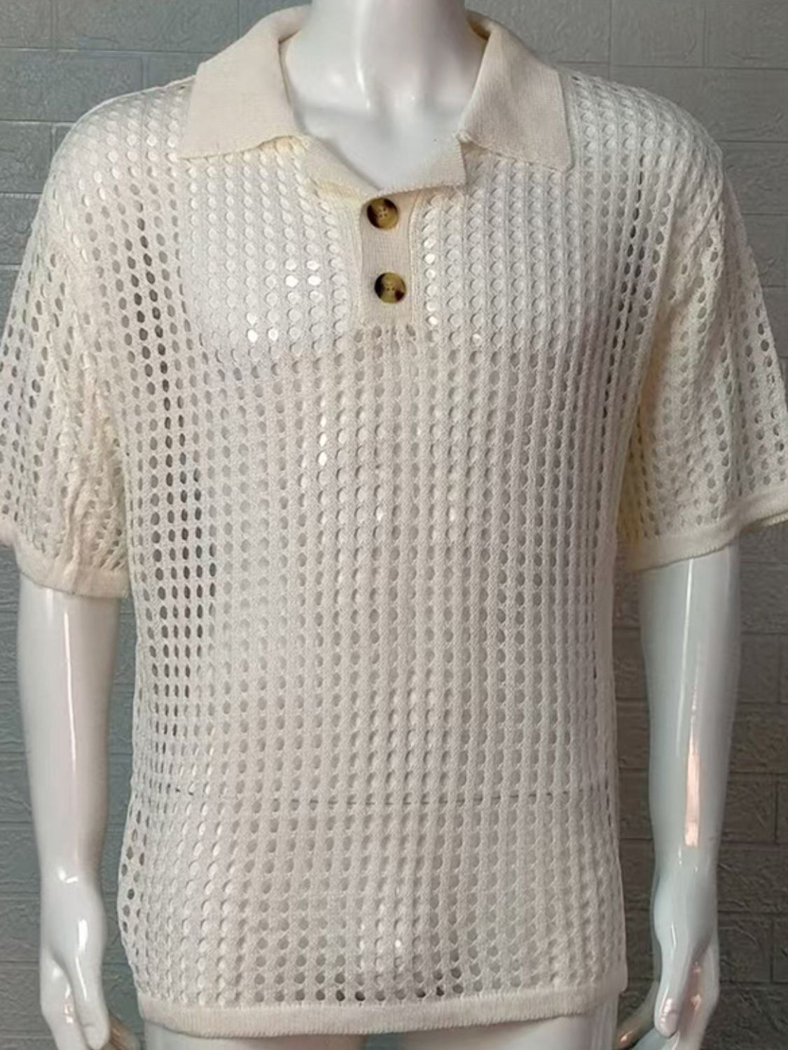 Men's Plus Size Openwork Collared Neck Quarter Button Knit Polo - Smart Shopper