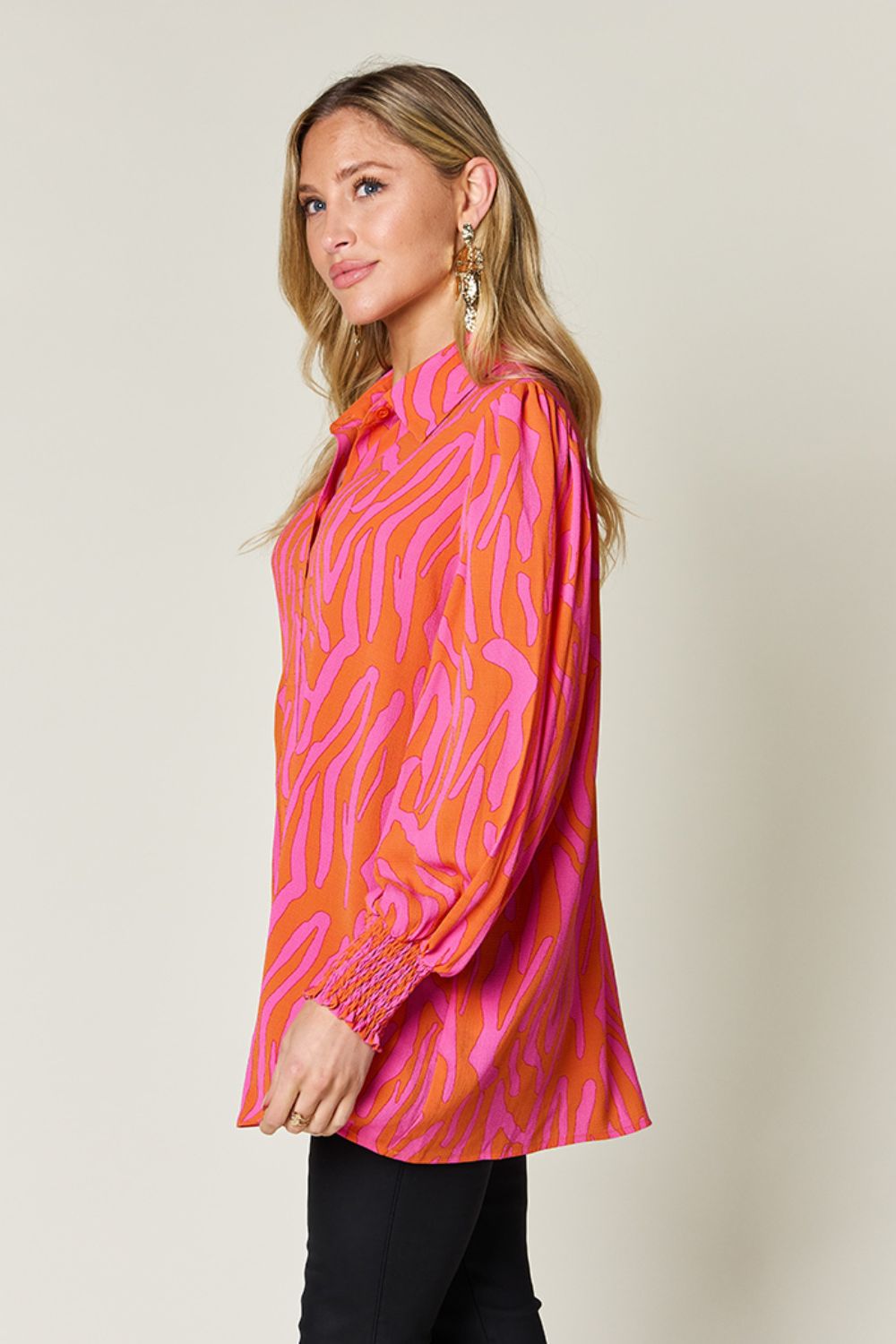 Double Take Full Size Printed Smocked Long Sleeve Blouse - Smart Shopper