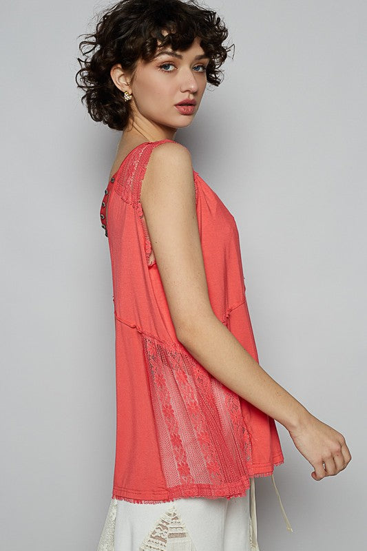 POL Lace Detail Studded Crisscross Back V-Neck Sleeveless Top - Smart Shopper