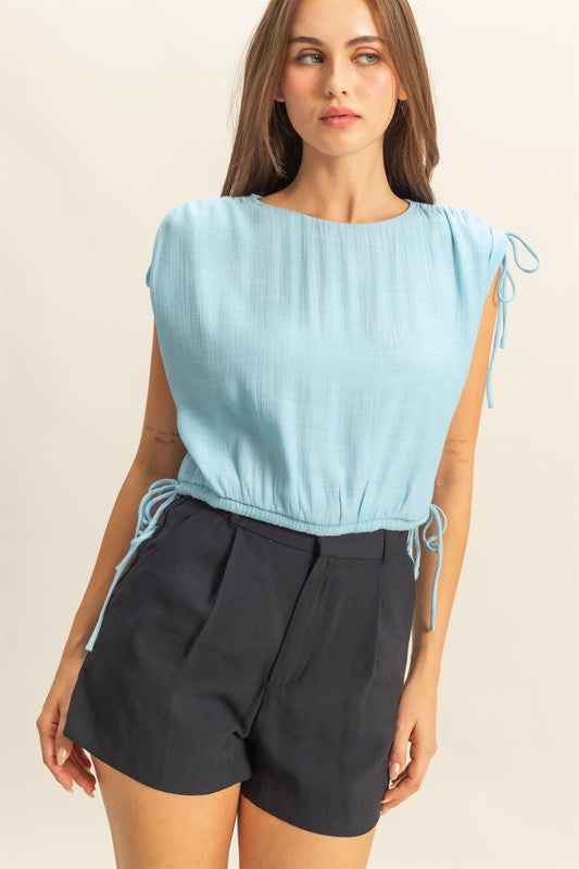 HYFVE Bubble Hem Side Tie Detail Round Neck Sleeveless Blouse - Smart Shopper