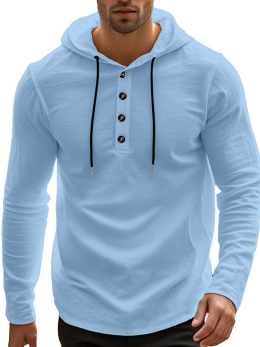 Men's Full Size Drawstring Button Detail Long Sleeve Hoodie Plus Size - Smart Shopper