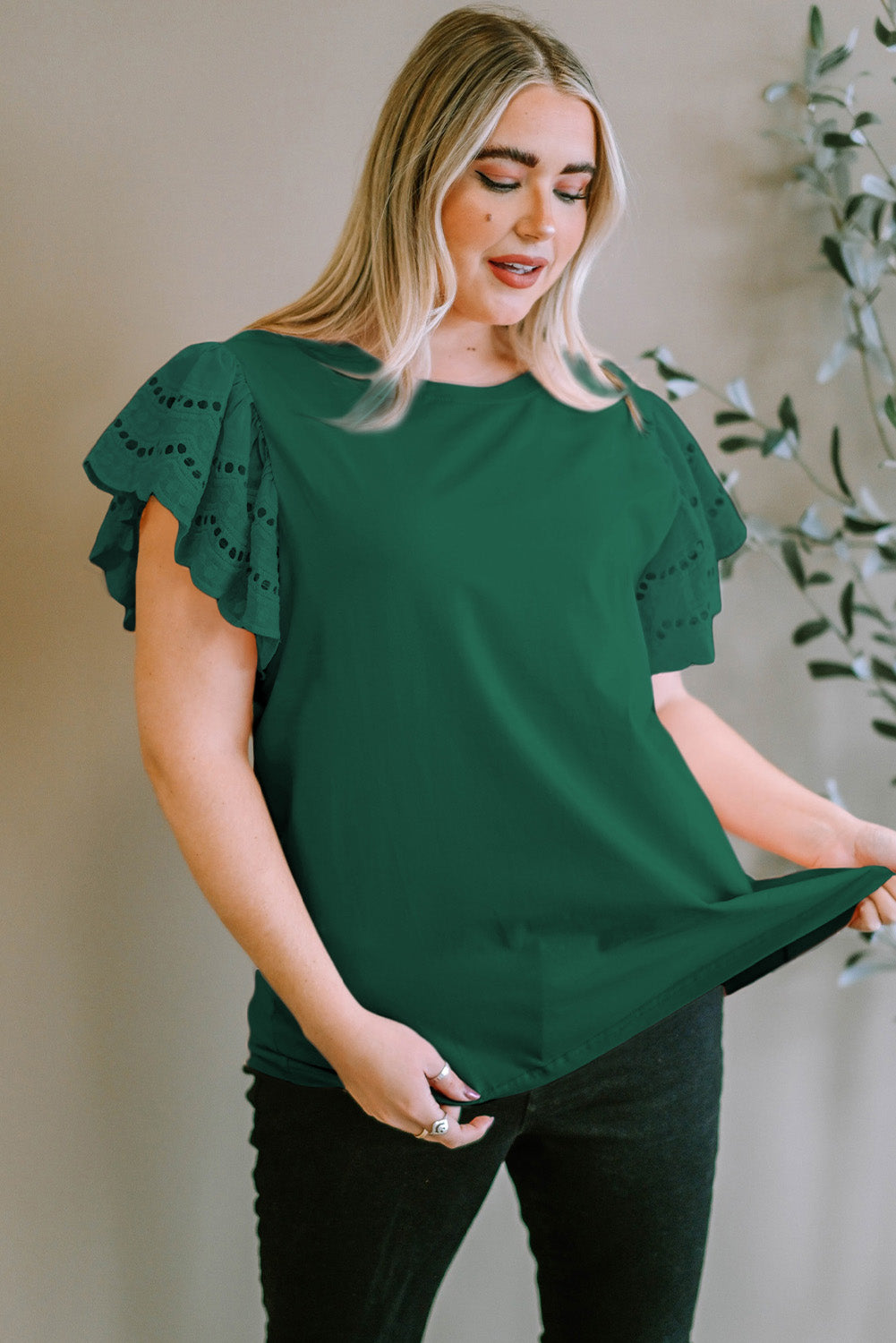 Plus Size Eyelet Round Neck Short Sleeve Blouse - Smart Shopper