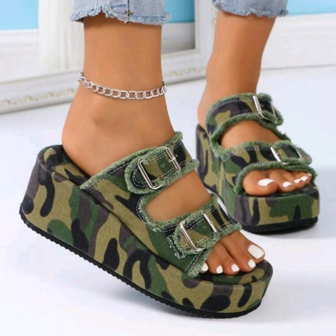 Raw Hem Wedge Buckle Sandals - Smart Shopper