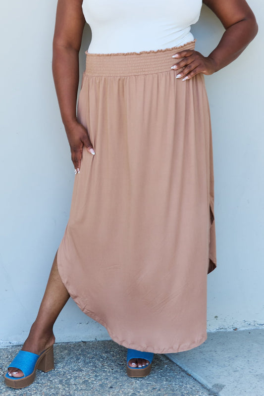 Doublju Comfort Princess Full Size High Waist Scoop Hem Maxi Skirt in Tan - Smart Shopper