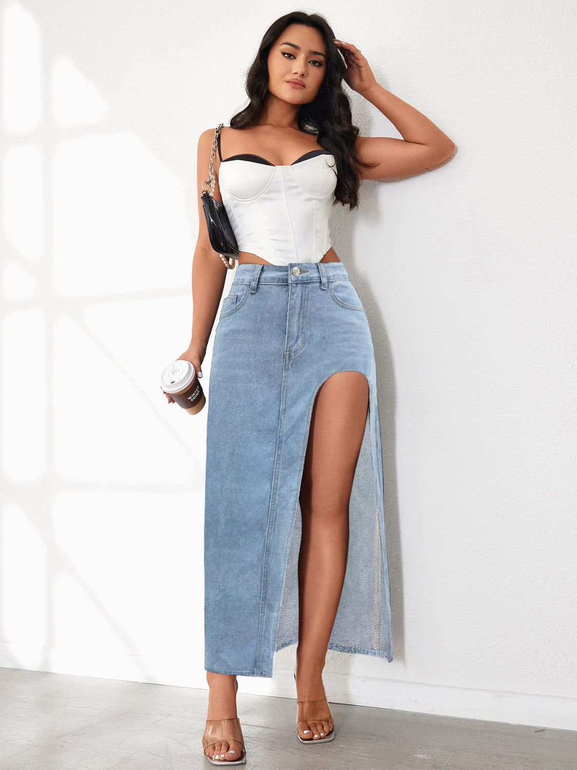 High Rise Slit Denim Skirt - Smart Shopper