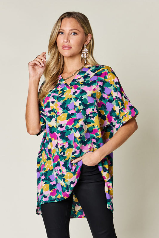 Double Take Full Size Printed V-Neck Short Sleeve Side Slit Top - Smart Shopper