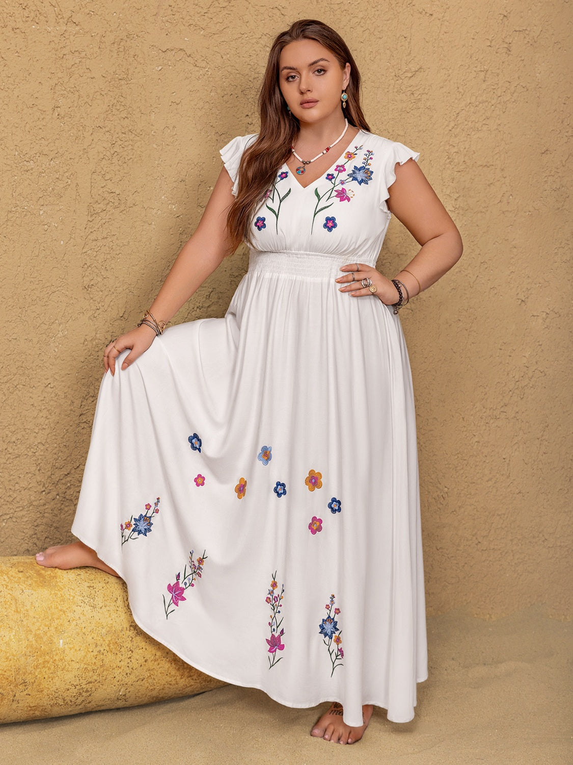 Plus Size Embroidered Floral V-Neck Cap Sleeve Maxi Dress - Smart Shopper