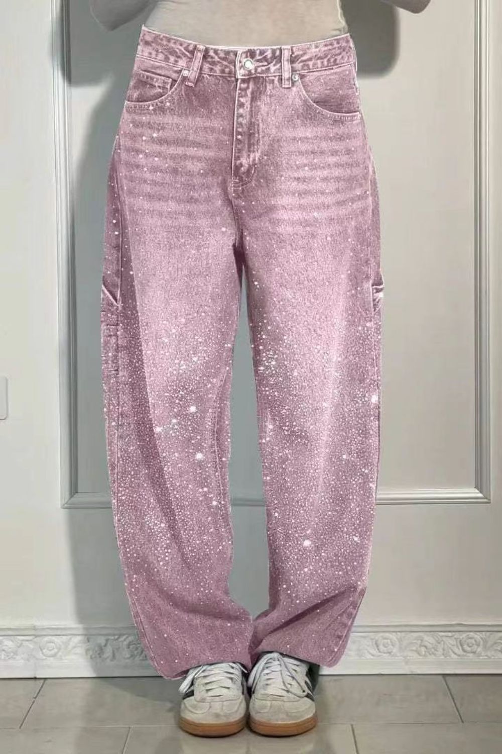 Full Size Washed Rhinestone Detail Wide leg Jeans Plus Size - Smart Shopper