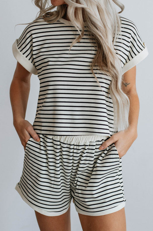 Striped Contrast Top and Shorts Set - Smart Shopper