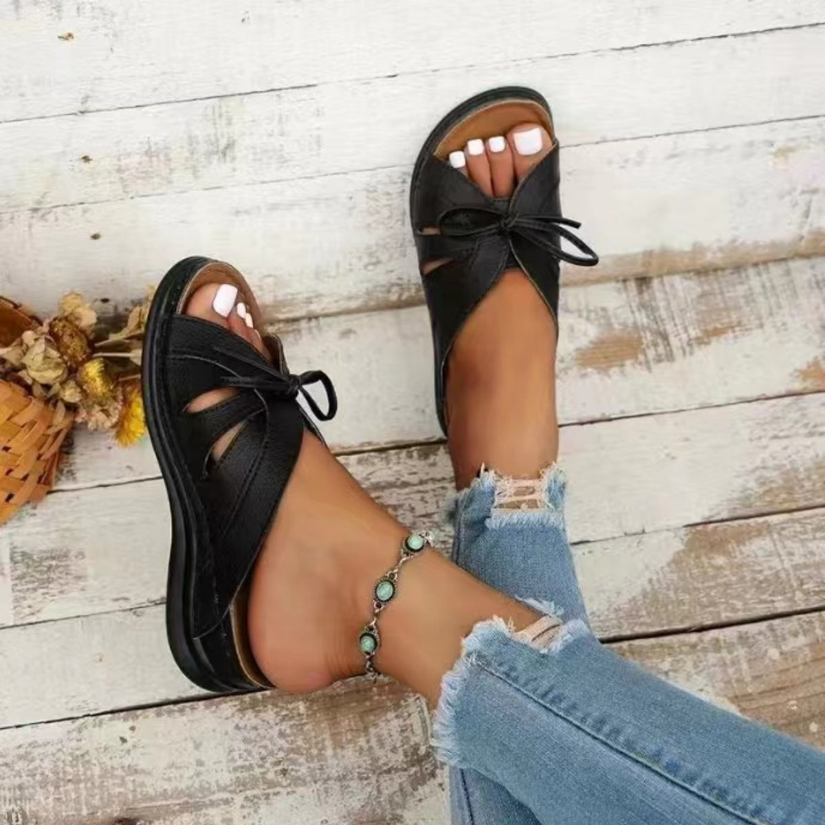 Tied Open Toe Low Heel Sandals - Smart Shopper