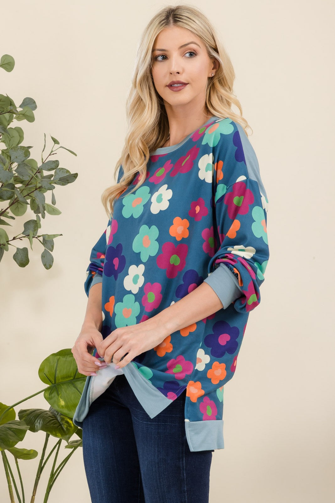 Celeste Full Size Side Slit Flower Print Long Sleeve Top - Smart Shopper