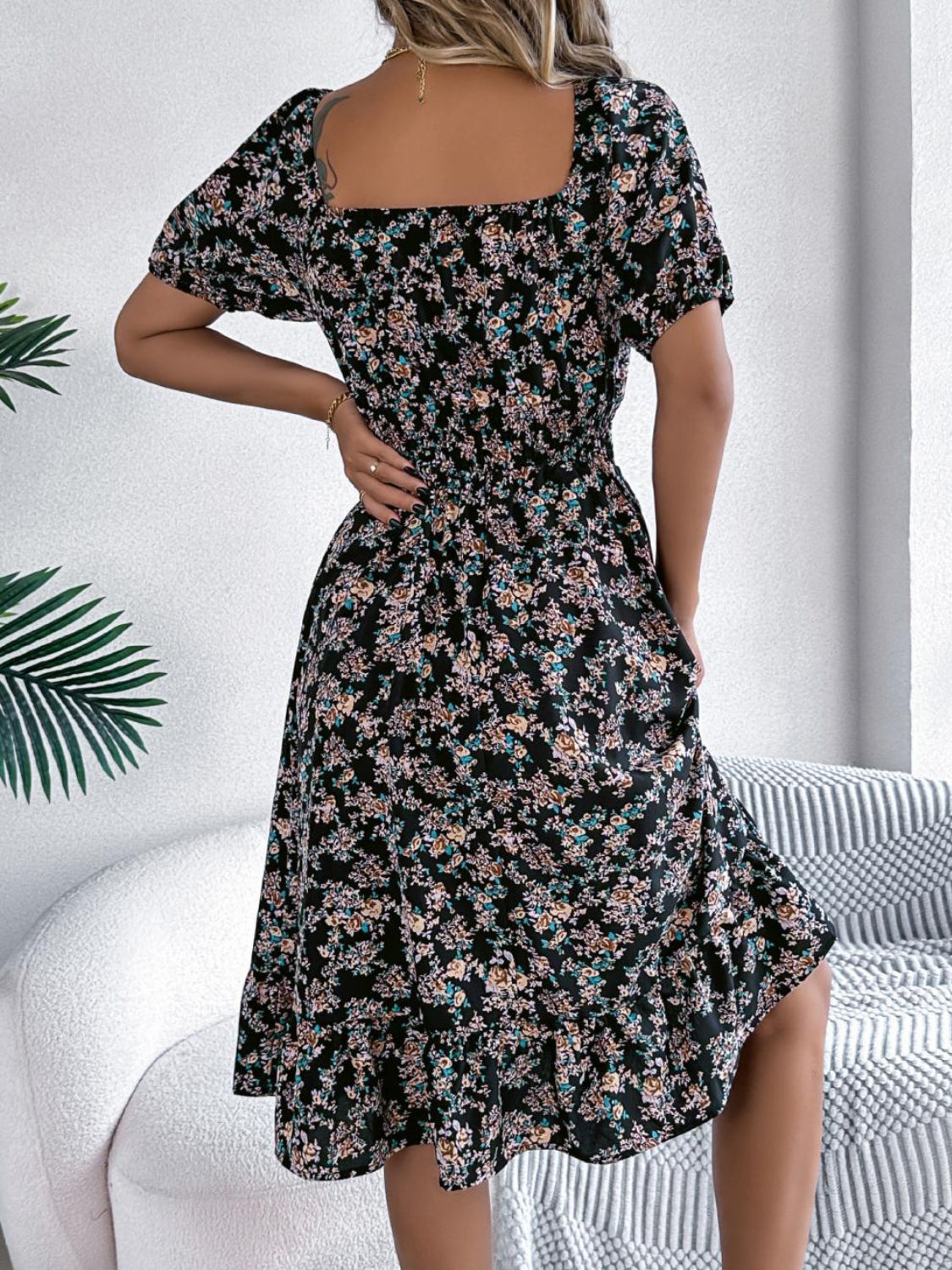 Ruffled Hem Smocked Printed Puff Sleeve Dress - Smart Shopper