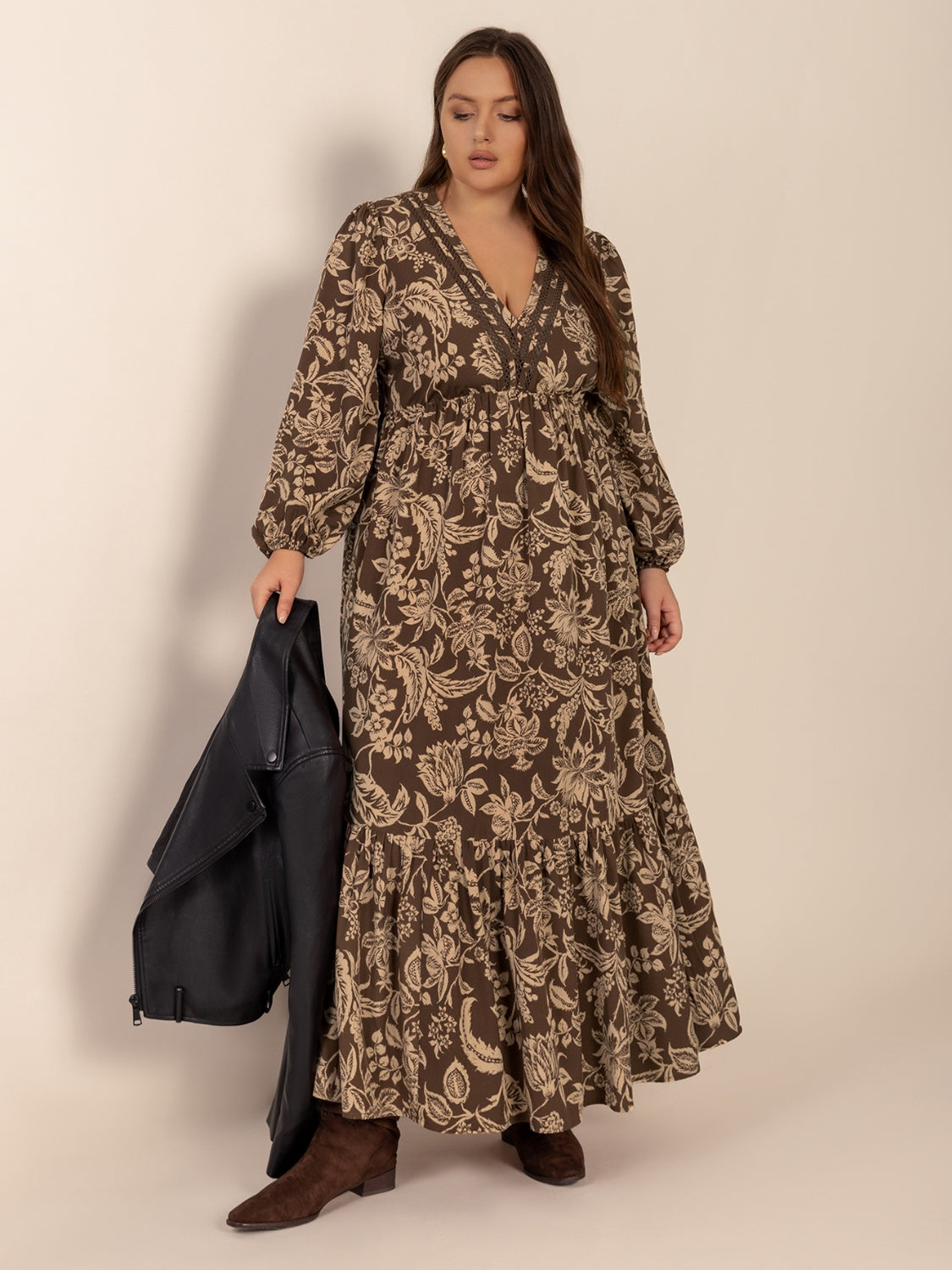 Plus Size Printed V-Neck Balloon Sleeve Maxi Dress - Smart Shopper