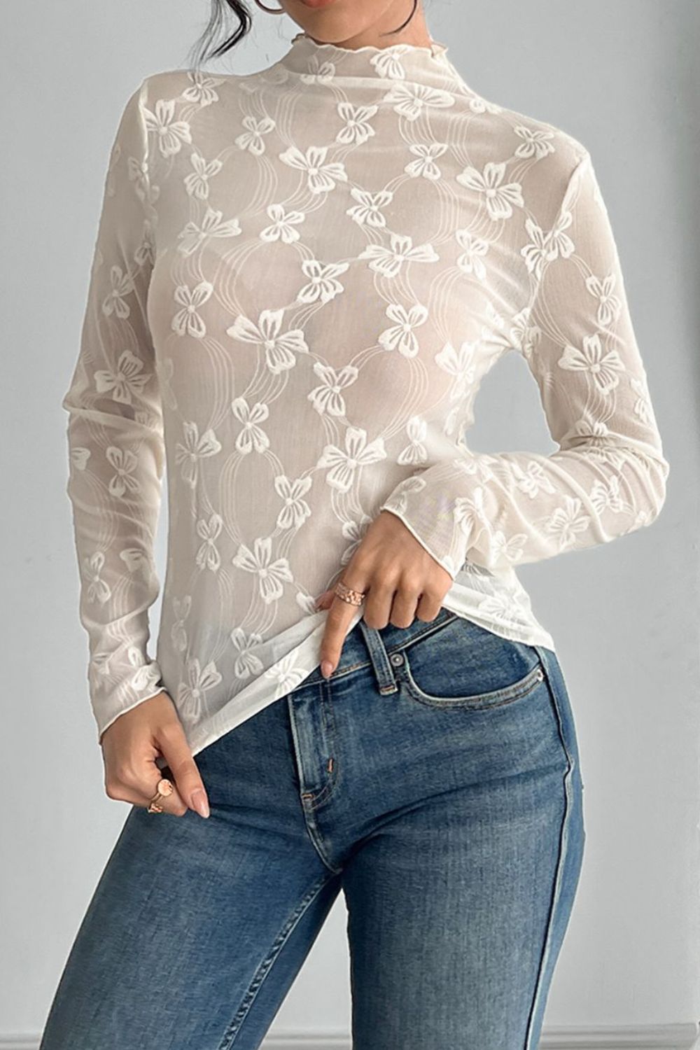 Bow Print Mock Neck Long Sleeve T-Shirt - Smart Shopper