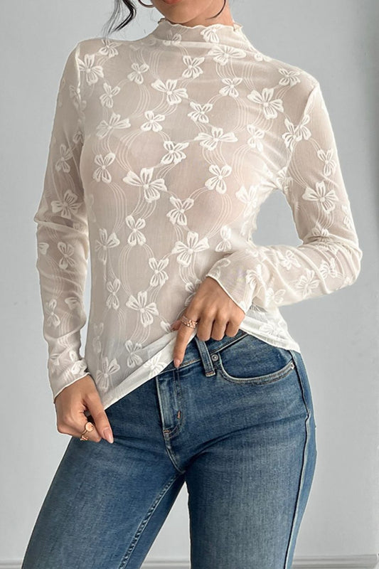 Bow Print Mock Neck Long Sleeve T-Shirt - Smart Shopper