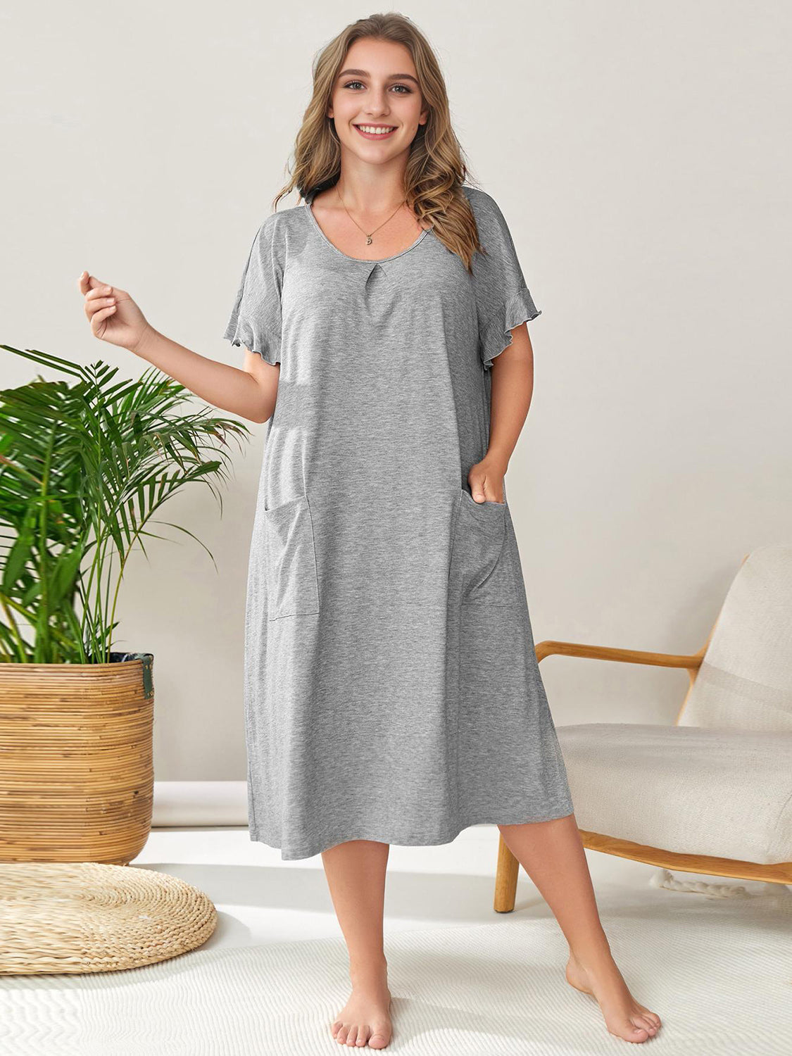 Plus Size Round Neck Short Sleeve Lounge Dress - Smart Shopper