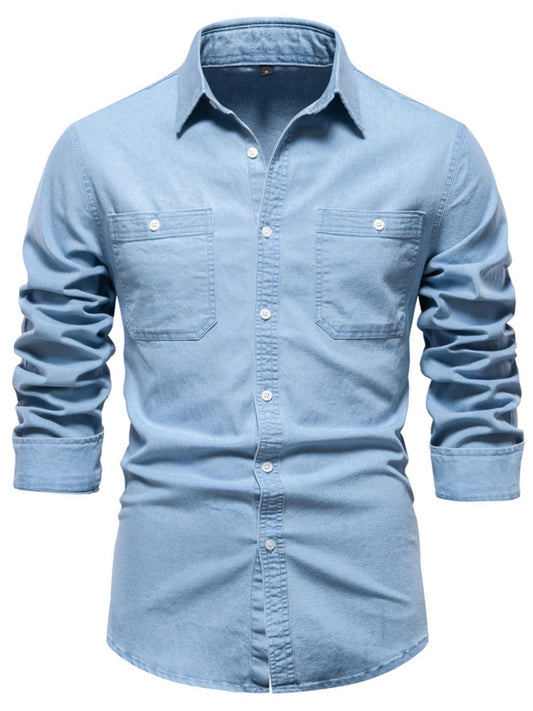 Men's Collared Neck Long Sleeve Denim Shirt - Smart Shopper