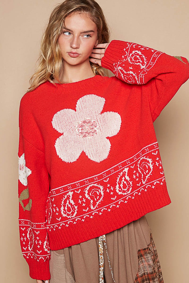 POL Flower Lace Patch Long Sleeve Sweater - Smart Shopper