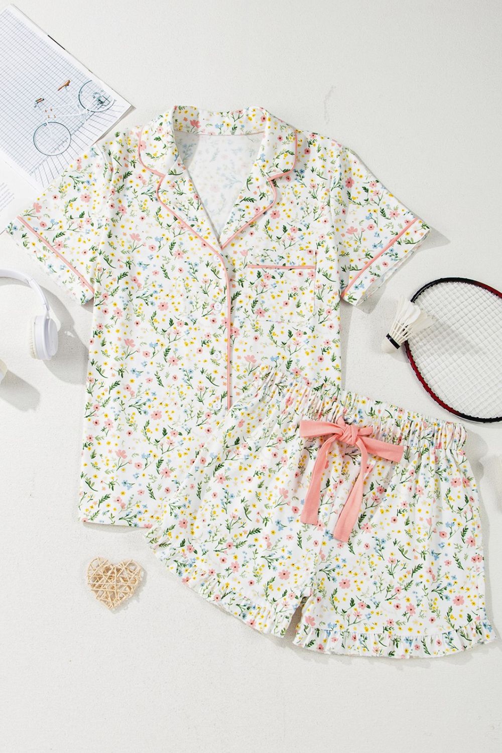 Printed Button Up Short Sleeve Top and Shorts Lounge Set - Smart Shopper