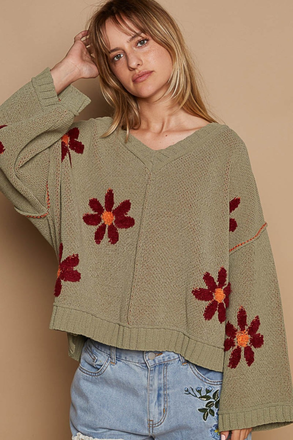 POL V-Neck Floral Pattern Chenille Sweater - Smart Shopper