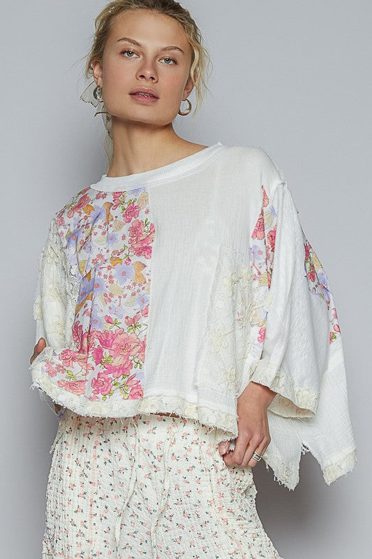 POL Floral Lace Patch Round Neck Double Gauze Top - Smart Shopper