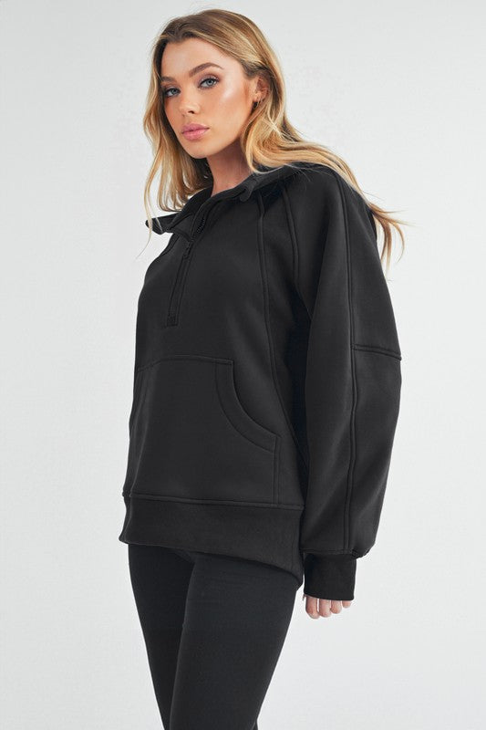 Aemi+Co Half Zip Raglan Sleeve Sweatshirt with Kangaroo Pocket - Smart Shopper