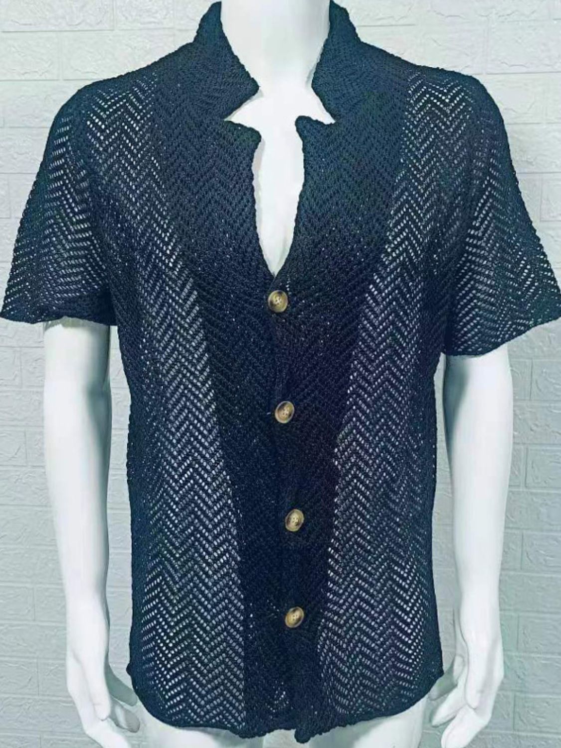 Men's Plus Size Herringbone Eyelet Button Down Knit Shirt - Smart Shopper