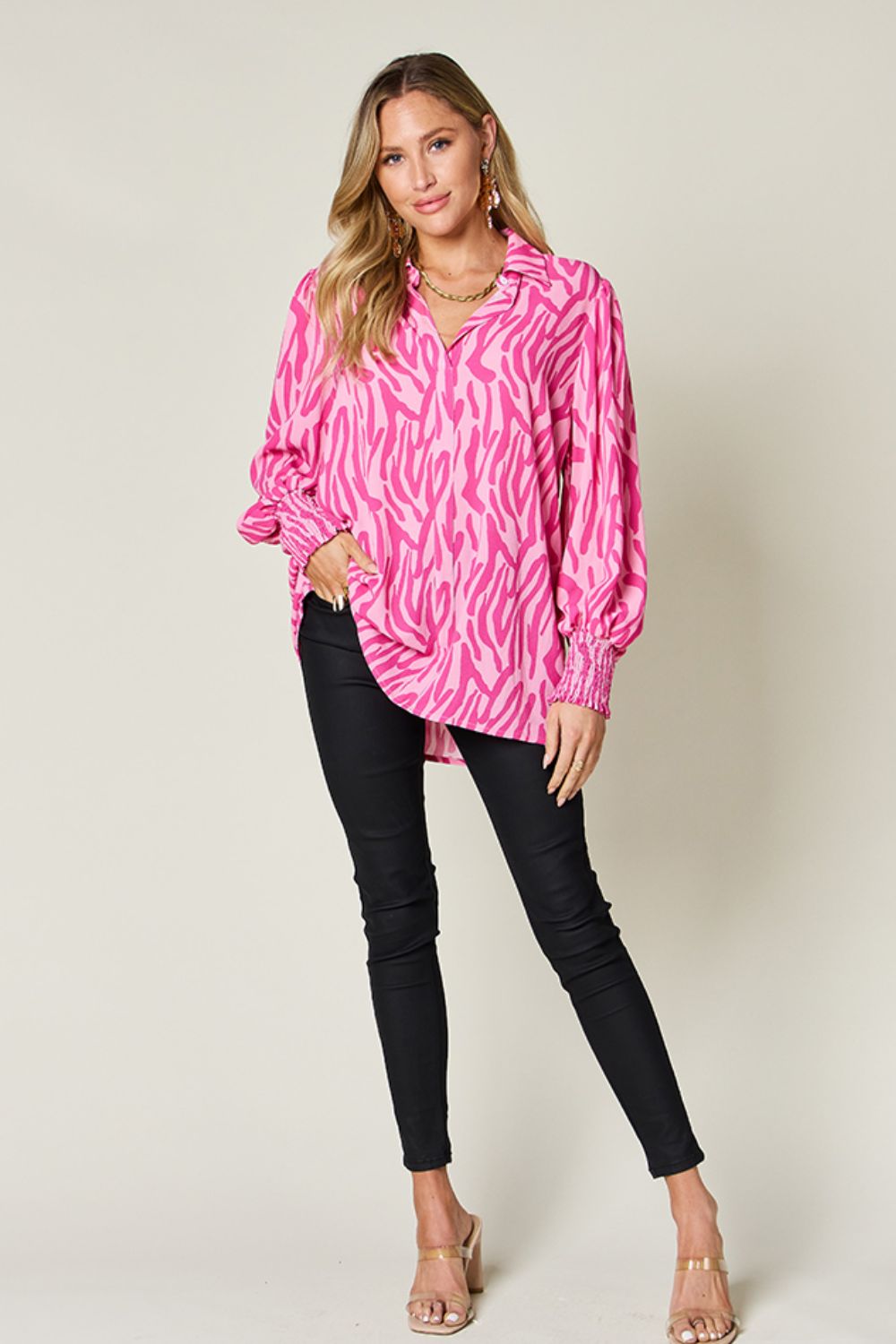 Double Take Full Size Printed Smocked Long Sleeve Blouse - Smart Shopper