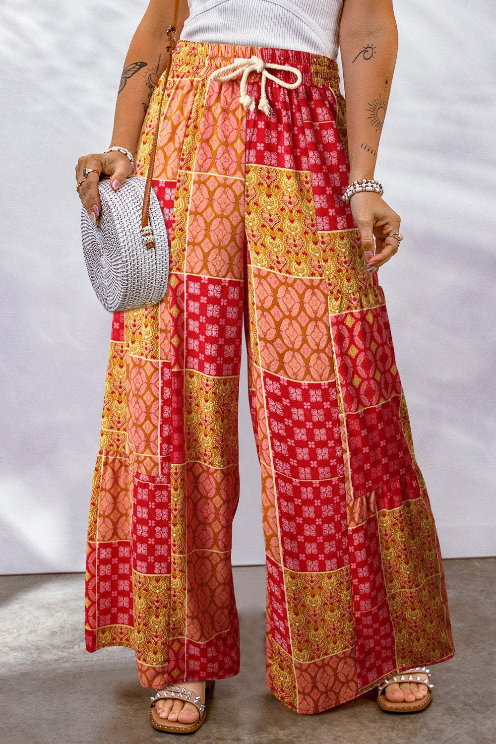 Full Size Drawstring Printed Wide Leg Pants - Smart Shopper