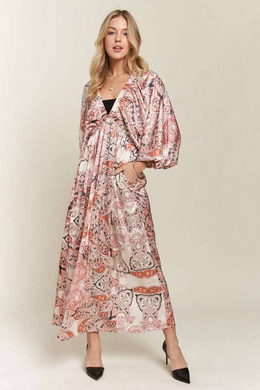 ADORA Printed V-Neck Batwing Sleeve Dress - Smart Shopper