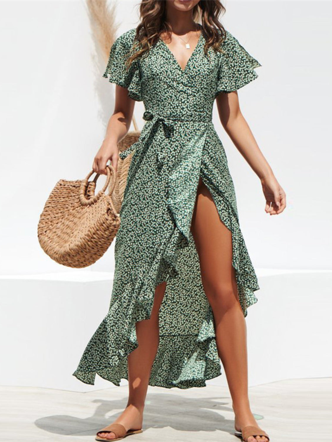 Tied Ruffled Printed Short Sleeve Midi Wrap Dress - Smart Shopper