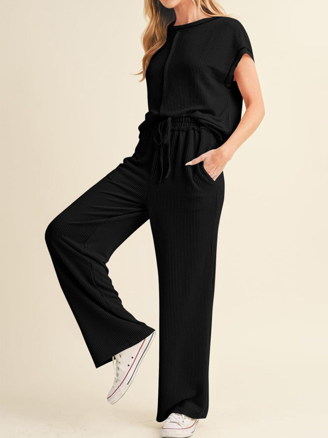 Ribbed Exposed Seam Top and Pants Set - Smart Shopper