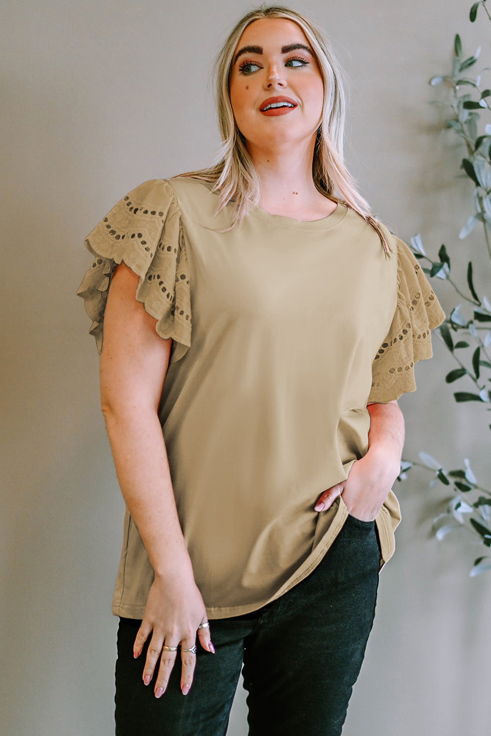 Plus Size Eyelet Round Neck Short Sleeve Blouse - Smart Shopper