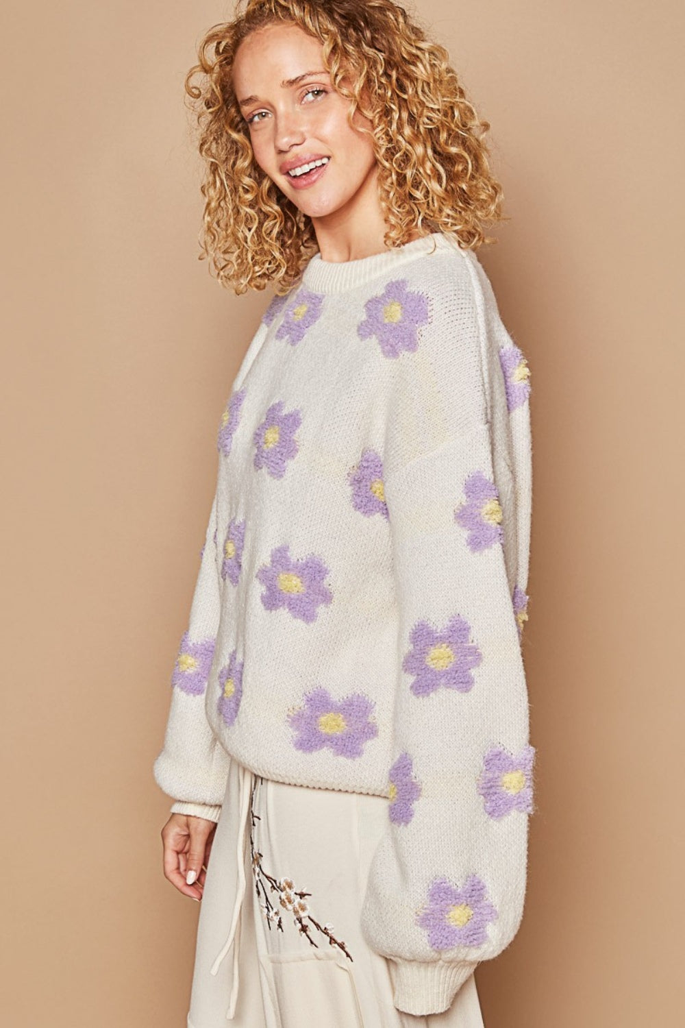 POL Daisy Pattern Drop Shoulder Sweater - Smart Shopper