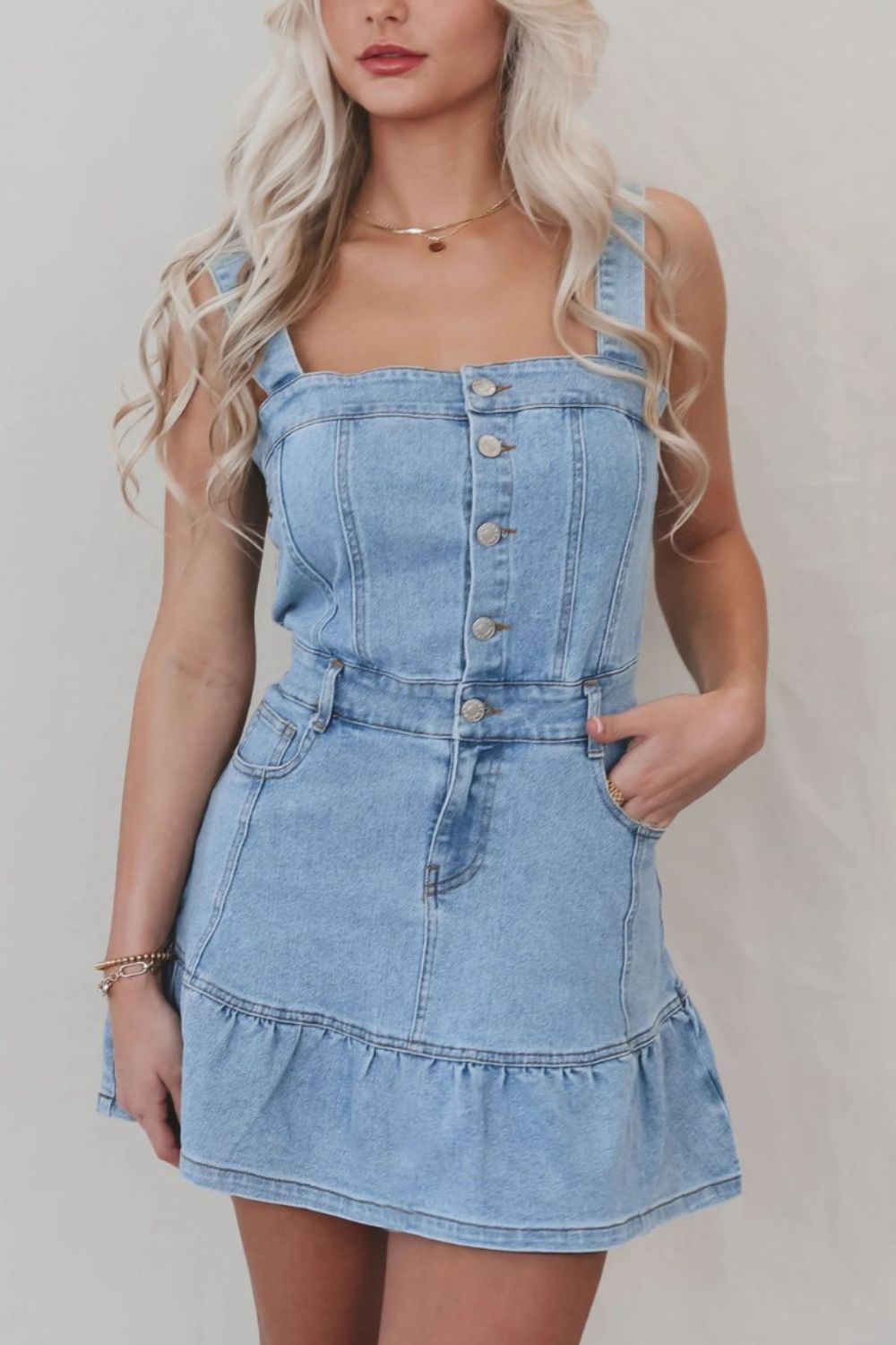 Ruffled Hem Button Front Square Neck Denim Dress - Smart Shopper