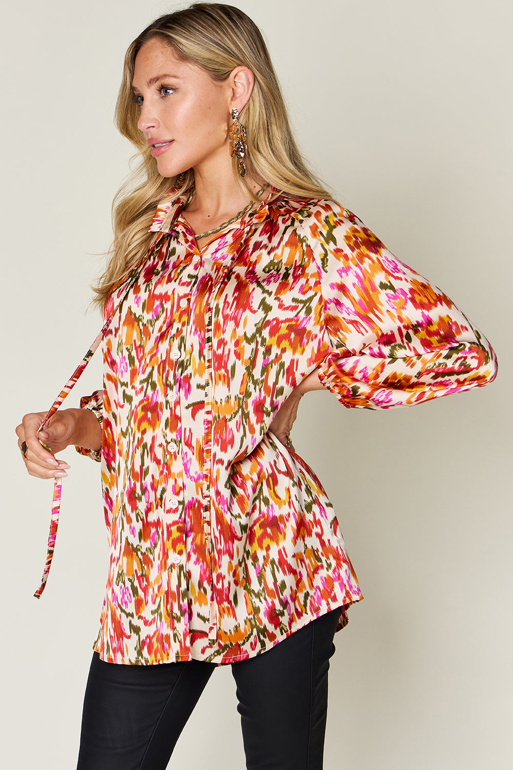 Double Take Full Size Printed Button Up Long Sleeve Shirt - Smart Shopper