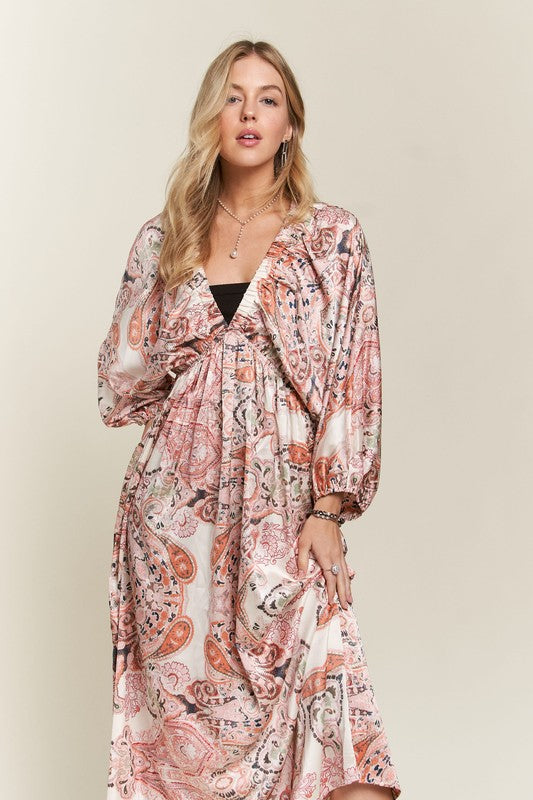 ADORA Printed V-Neck Batwing Sleeve Dress - Smart Shopper