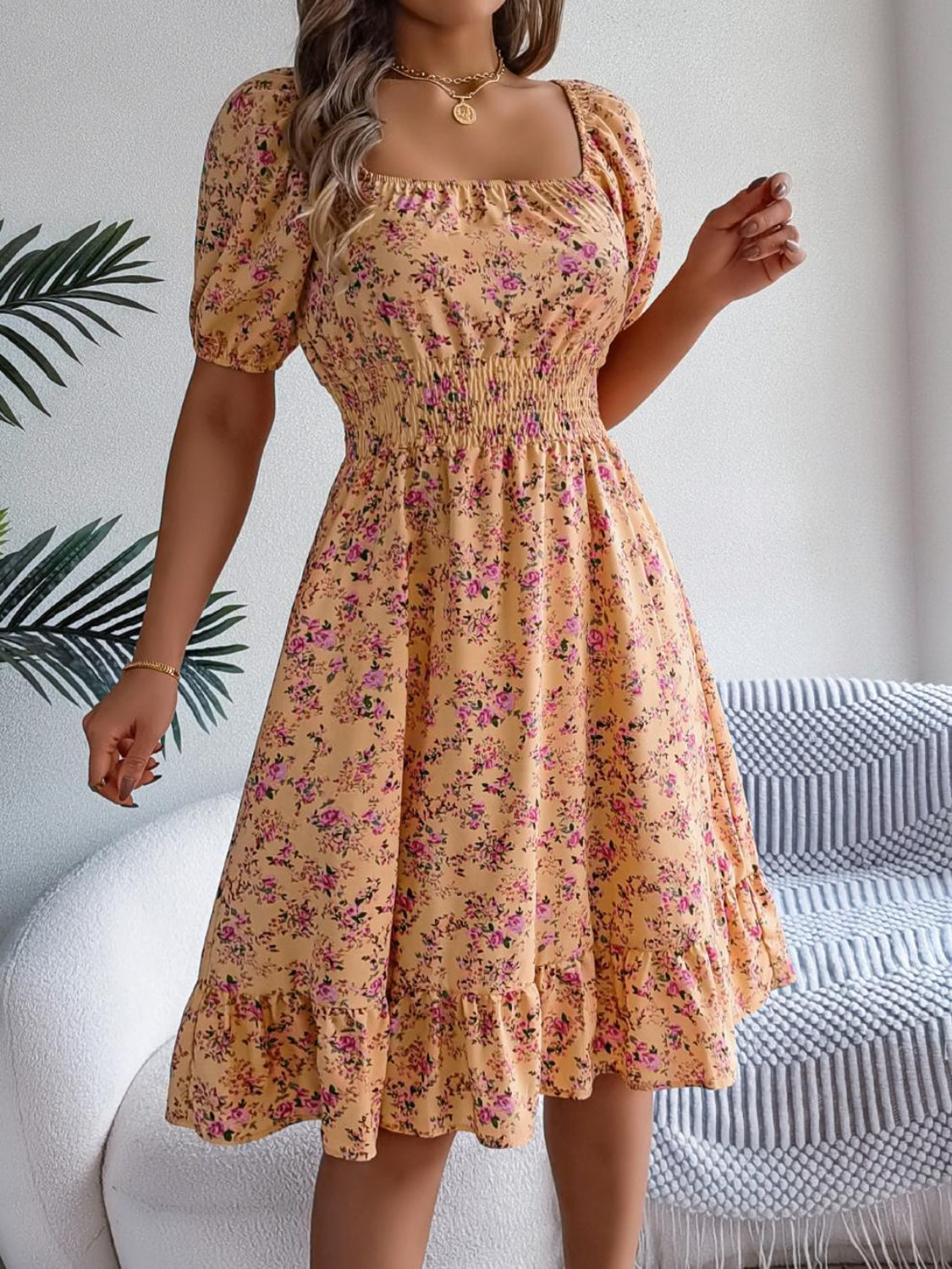 Ruffled Hem Smocked Printed Puff Sleeve Dress - Smart Shopper