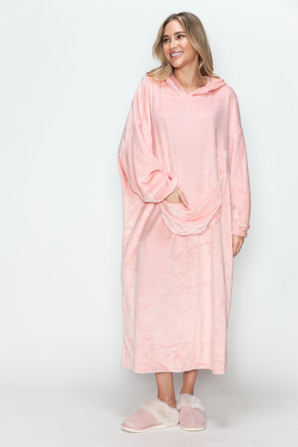 Double Take Full Size Pocketed Hooded Midi Lounge Dress - Smart Shopper