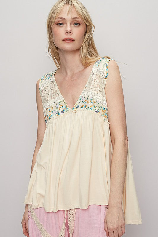 POL Lace Detail Frill Floral V-Neck Sleeveless Top - Smart Shopper