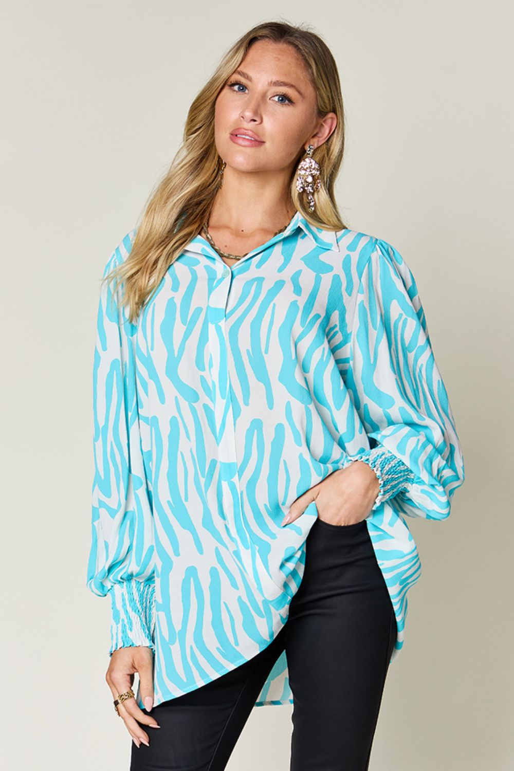 Double Take Full Size Printed Smocked Long Sleeve Blouse - Smart Shopper