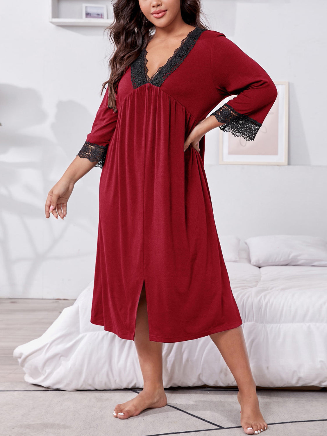 Plus Size Lace Detail V-Neck Lounge Dress - Smart Shopper