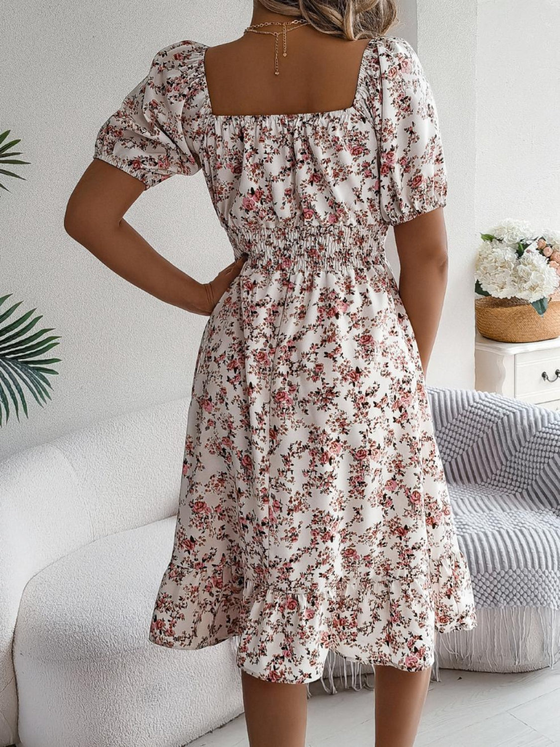 Ruffled Hem Smocked Printed Puff Sleeve Dress - Smart Shopper