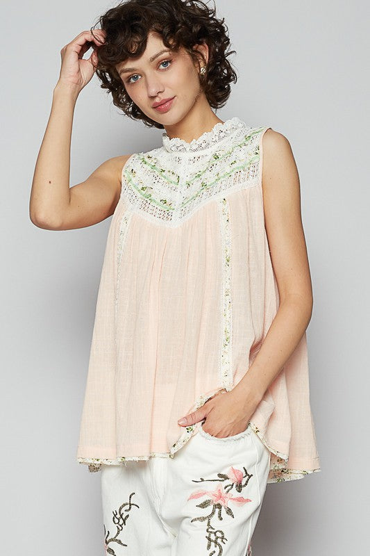 POL Lace Detail Floral Sleeveless Rayon Gauze Top - Smart Shopper